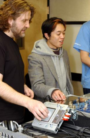 Professor Stephen Webber (left) and student Derrick Ramos of The Turntablist Club at Berklee College