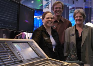 Sarah Clausen, Dennis Varian and Anne Valentino with the PLASA Award for Innovation given to the Eos